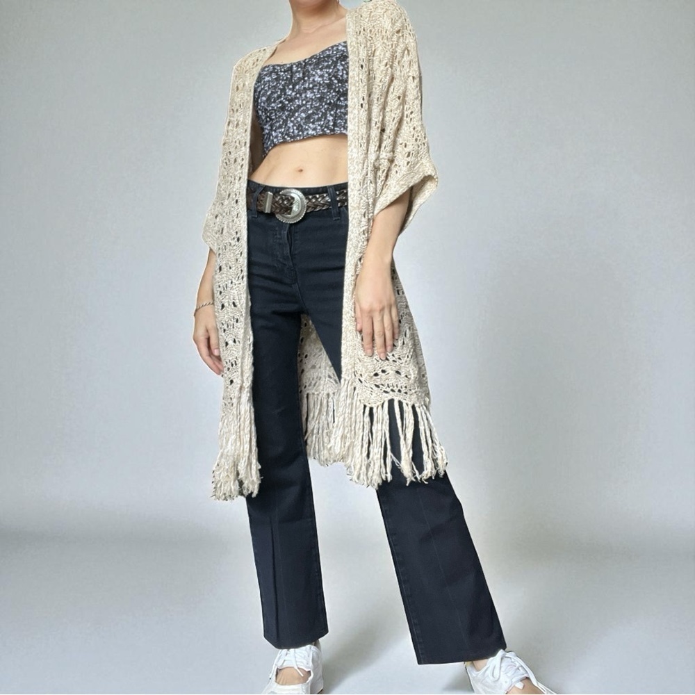American Eagle Cream Crochet Knit Fringe Long Cardigan Boho